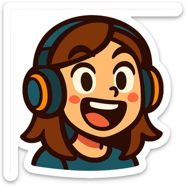 brown-haired gamer girl, excited expression, headphones, head only, emote sticker