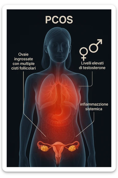 Illustrazione medica 3D del corpo della donna con PCOS: ovaie ingrossate con multiple cisti follicolari, livelli elevati di testosterone (simboli di ormoni maschili) e infiammazione sistemica (bagliore rosso). Sfondo scuro, dettagli scientifici accurati. in italiano sticker