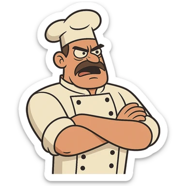a chef in uniform, arms crossed, stern expression, drill sergeant vibe, 2D cartoon style sticker