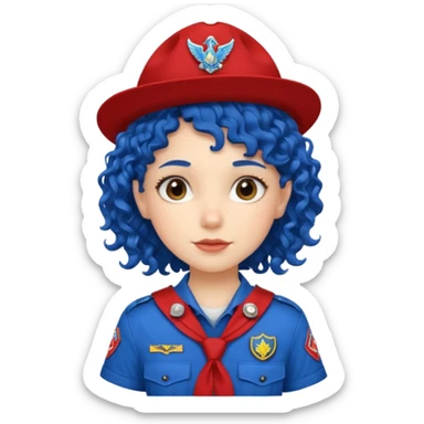 scout girl with red scout uniform, blue curly haired sticker