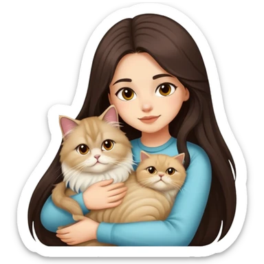 A pretty girl with long dark hair is hugging her light hair persian cat. sticker