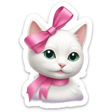 Cute full white cat with pink ribbon sticker