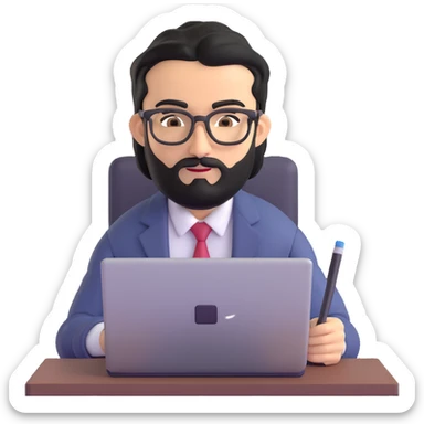 middle eastern businessman with medium length black beard, black hair, thick unibrow, elongated nose, tan skin, brown eyes, glasses, in business casual outfit, working on a notebook computer sticker