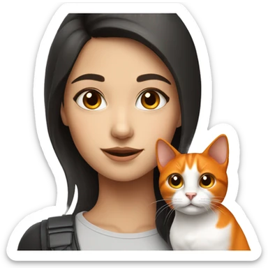 Brunette girl with tricolor cat black white and orange sticker