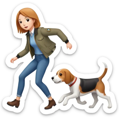 A beautiful tall girl with fair skin wearing a jacket chasing a beagle sticker