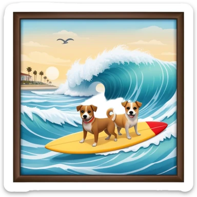 A beach in San Diego with massive waves and lots of dogs surfing sticker