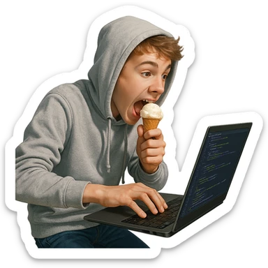 a white teen in a hoodie, eating ice-cream, typing quickly on a laptop, coding, techy vibe, energetic and modern sticker
