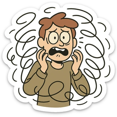 a person surrounded by swirling lines, showing anxiety, cartoon style sticker