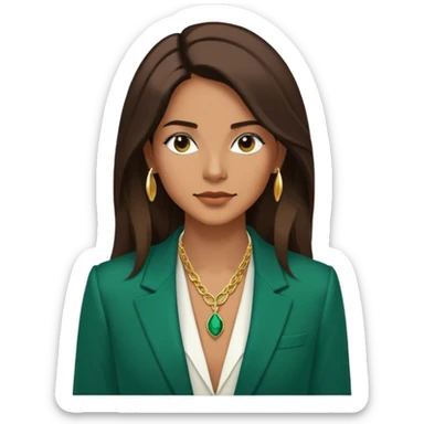 Emoji femenino con cabello suelto corto hasta los hombros castaño oscuro. Tono de piel bronceado. Viste blazer color verde esmeralda y blusa de vestir blanca. Lleva tres collares color dorado. Minimalista, clasico sticker