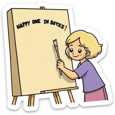 Older Woman with sandy blonde hair painter/artist painting a big canvas that reads “ANOTHER ONE BITES THE DUST - HAPPY BIRTHDAY” in 60’s hippie style painting sticker