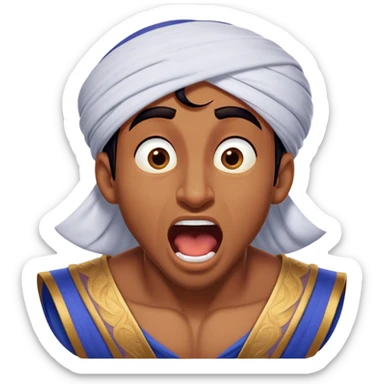 Cinematic Realistic Aladdin Portrait, head tilted slightly with a dramatic, wide-open yawn, revealing a relaxed, yet still vigilant expression. The lifelike textures of his skin and carefully rendered fabric of his attire combine with warm, ambient lighting to capture a moment of endearing, laid-back heroism. sticker