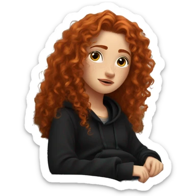 redhead long hair curly hair girl like merida chilling in black hoodie with freckles on couch  sticker