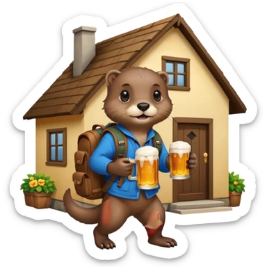 otter with a backpack holding a beer entering a house sticker