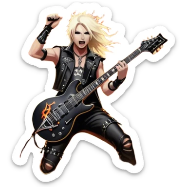 Icon for Heavy Metal: a metal band on stage, with electric guitars, drums, and a powerful vocalist. The atmosphere is intense with flashing lights, music notes, and a crowd of fans. The design should capture the energy and power of a live heavy metal performance. Transparent background. sticker