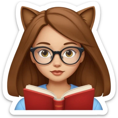 ACB clean beautiful girl long brown hair, wear glasses cat eye, reading a book sticker