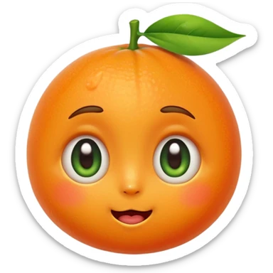 cute tangerine emoji with teary touched expression, shiny big eyes, small smiling mouth, slightly blushing cheeks, little green leaf on top, warm and emotional sticker