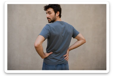 Rakurs orqadan oldiga qarab turgan inson qo'lini beliga qo'yib turgan sticker