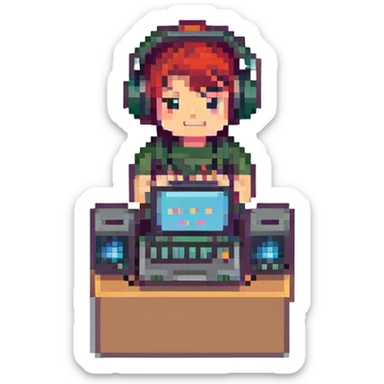 pixel art music producer with laptop and speakers retro vibe sticker