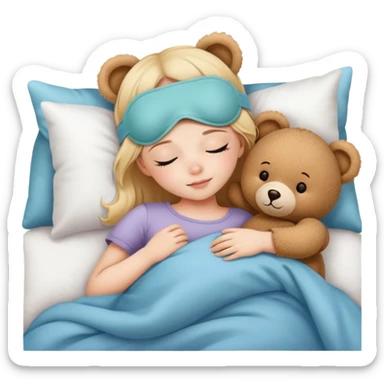 A girl Wearing a cute sleep mask is sleeping with a Teddy Bear sticker
