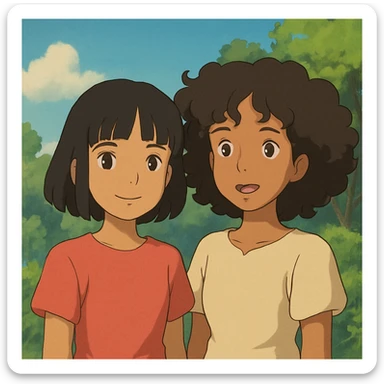 Una chica morenita con cabello lacio y fleco y otra chica a su lado morenita con el cabello chino sticker