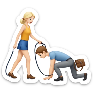woman walking a man on all fours with a leash sticker