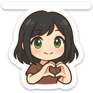girl with black hair and green eyes, making a heart with her hands, twitch emote style sticker