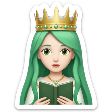 Long Hair Women with green Book, White straight hair, crown

 sticker