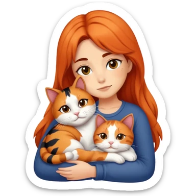 auburn girl snuggling a calico cat sticker