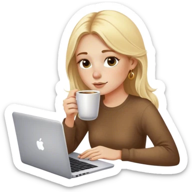 A blonde girl, beautiful, gorgeous, freckles on nose, golden nose ring, drinking coffee while writing on a laptop sticker