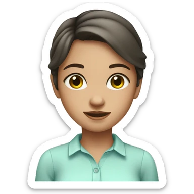 girl with straight short dark brown hair, green hazel eyes, faint freckles, and a light blue shirt sticker