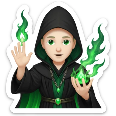 A dark sorcerer in flowing black robes, conjuring eerie green flames sticker