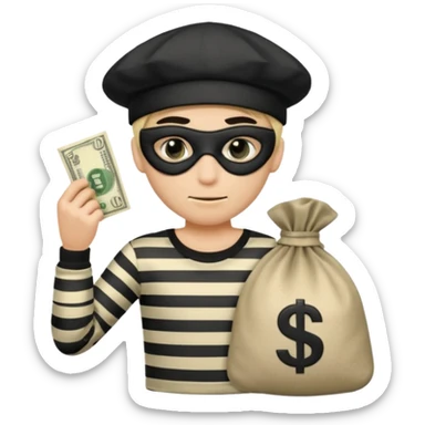 Cartoon-Räuber mit schwarzer Augenmaske, gestreiftem Shirt, schwarzer Mütze und einem Geldsack mit $-Zeichen. sticker