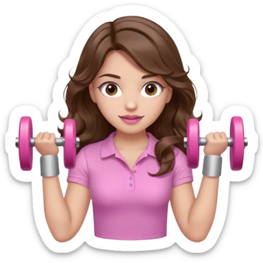 girl with wavy long brown hair, brown eyes, light to medium complexion, long lashes, light pink lipstick, wearing light pink shirt, lifting a pink dumbells sticker