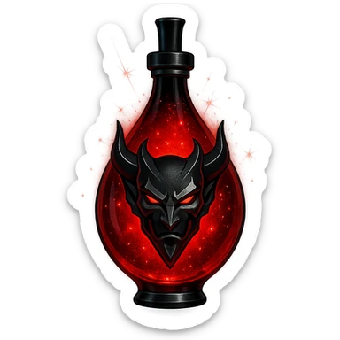 red demon drop-shaped luxurious elixir bottle, Discord edgy and cool vibe, deep red color, black and silver details, intense magical glowing and sparkling effects, very small neck, seamless bottom, transparent background, floating, no base or shadow, modern, matching a collection sticker