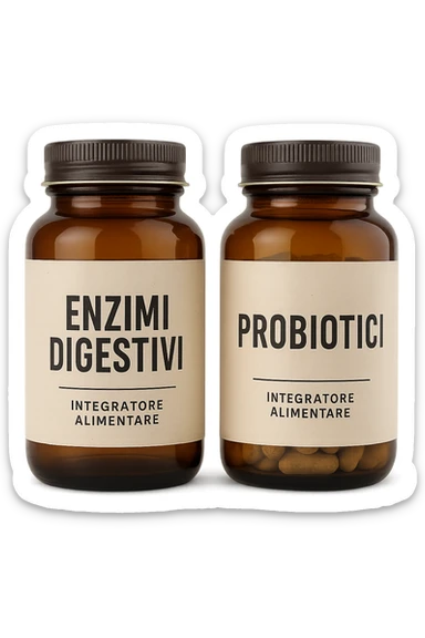DUE BARATTOLI di integratore con la scritta "ENZIMI DIGESTIVI" E "PROBIOTICI", iperrealistico 4k sticker