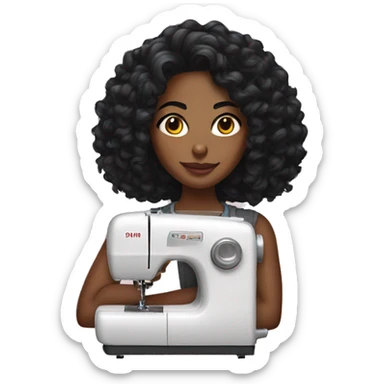 Medium skin Black woman with curly black hair medium length with sewing machine  sticker