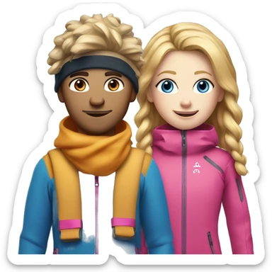 Skier boy white skin with ginger scruff and Skier girl with blonde hair and pink gear blue eyes  sticker