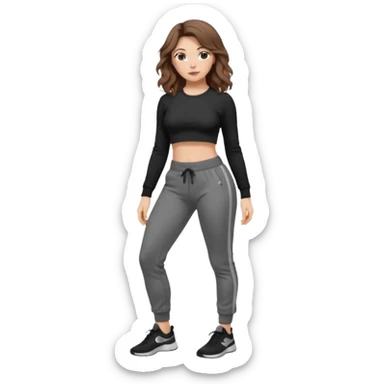 Girl with brown wavy hair, dream body ( small waist, wild hips and big glute) in black long sleev sticky top, grey jogger sticker