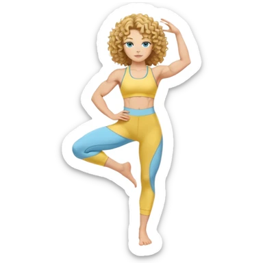 A white girl with golden blue eyes and curly hair showcases strong and powerful arm muscles, wearing a lemon yellow upper body and sky blue lower body yoga suit sticker