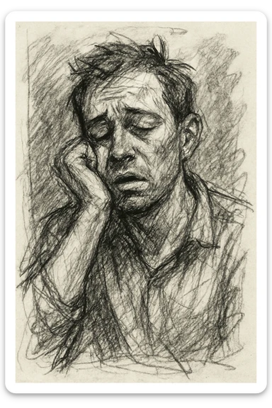 a man feeling drowsy, hand-drawn sketch style sticker