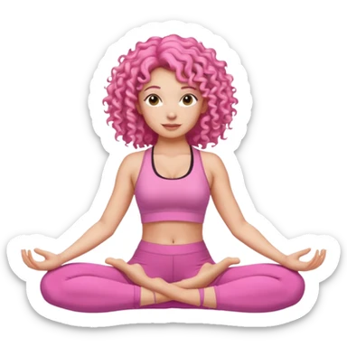 Woman with pink curly hair in a pink yoga outfit doing yoga sticker