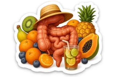 EMOJI STILE IPHONE DI INTESTINO UMANO REALISTICO CON CAPPELLO DI PAGLIA DA SPIAGGIA CHE BEVE UN Tè FREDDO IN BICCHIERE DI VETRO CON DENTRO  fette di cetriolo, limone, lime, DIETRO L'INTESTINO C'è UNA MONTAGNA DI PEZZI DI FRUTTA: Kiwi
Banana acerba
Arance e mandarini
Mirtilli
Ananas
Papaya
IPERREALISTICO 4K sticker
