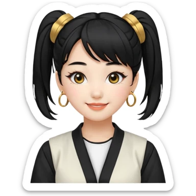a beautiful girl face, wearing cute korean makeup, black hair, tied into two lowbuns with front bangs, black shirt, white jacket with golden shoulder pads, kpop idol sticker