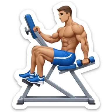 side-view bodybuilder in blue shorts seated weighted calf-raise machine on his tip toes sticker