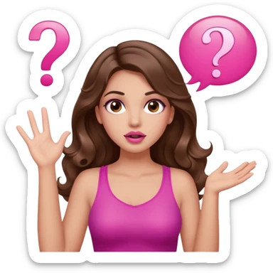 girl with long wavy brown hair, brown eyes, long lashes makeup, sexy pink lips, light to medium complexion, pink sexy top, two hands up, shrugging, confused questions mark bubble sign sticker