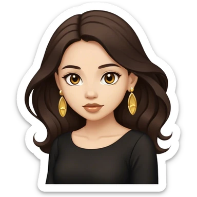 Beautiful woman,cute, long dark brown hair in dark dress with gold earrings sticker