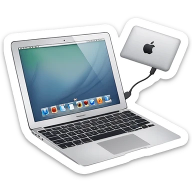 Crea una imagen en la que un MacBook Air, una cámara y un celular estén recargándose sticker