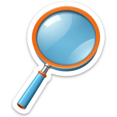 A stylized blue magnifying glass tilted right, flat design, minimalist, vibrant orange handle, white circular background, high resolution, 2048x2048 pixels, vector art, clean lines sticker