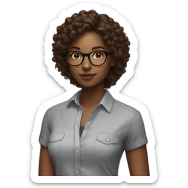 young black woman software engineer with eyeglasses with curly brown hair with ralph lauren shirt with arms sticker