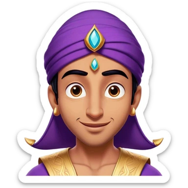 Cinematic Realistic Aladdin Portrait, head tilted playfully and inquisitively, showcasing his roguish charm and bright, mischievous eyes. His signature attire is rendered in exquisite detail with dynamic natural highlights, and a hint of magic sparkles about him—embodying a youthful, adventurous energy with friendly power. sticker
